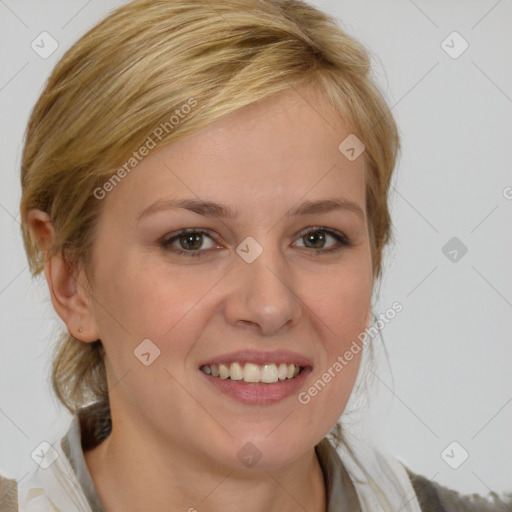 Joyful white young-adult female with medium  brown hair and blue eyes