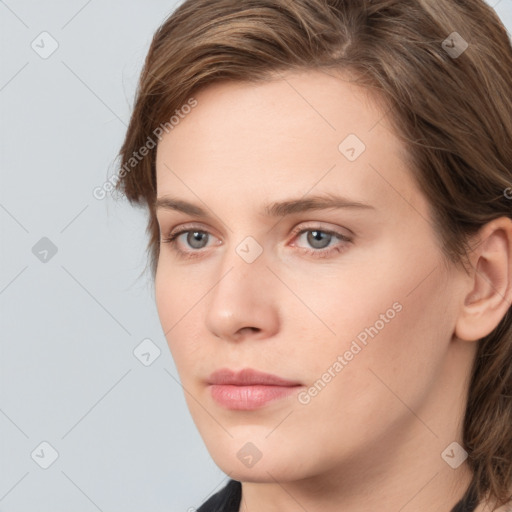 Neutral white young-adult female with long  brown hair and grey eyes