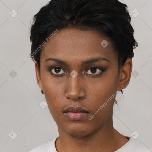 Neutral black young-adult female with short  black hair and brown eyes