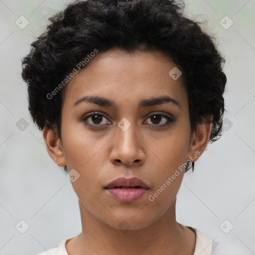 Neutral latino young-adult female with short  brown hair and brown eyes