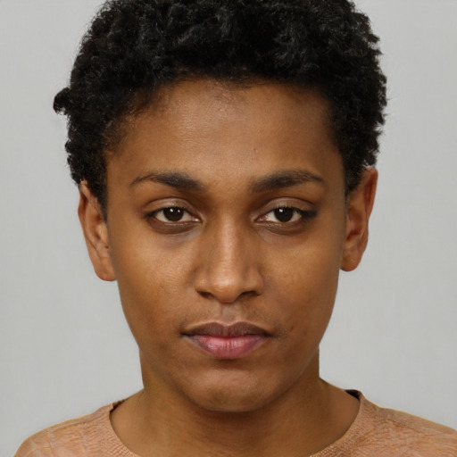 Neutral black young-adult female with short  black hair and brown eyes