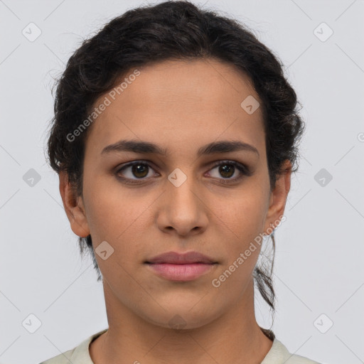 Neutral white young-adult female with short  brown hair and brown eyes