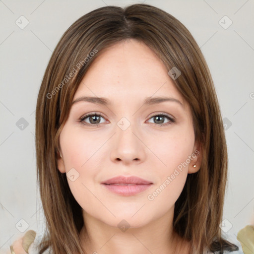 Neutral white young-adult female with medium  brown hair and brown eyes