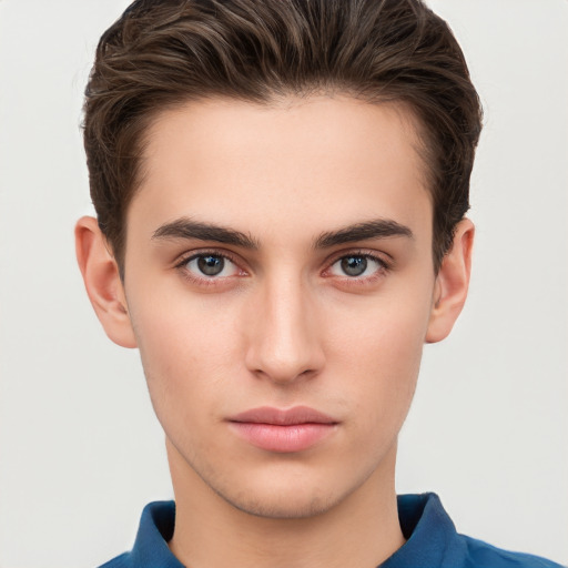 Neutral white young-adult male with short  brown hair and brown eyes