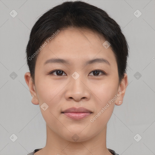 Joyful asian young-adult female with short  brown hair and brown eyes