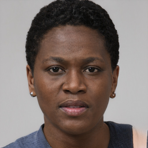 Neutral black young-adult female with short  black hair and brown eyes