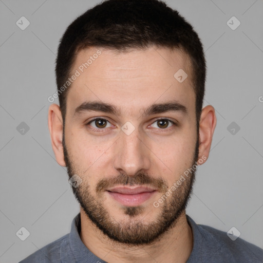 Neutral white young-adult male with short  brown hair and brown eyes