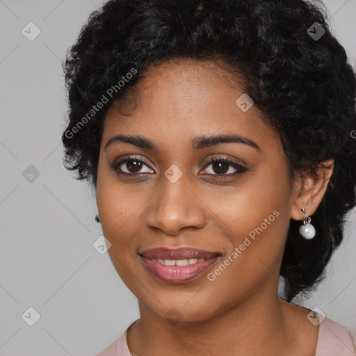 Joyful black young-adult female with medium  black hair and brown eyes