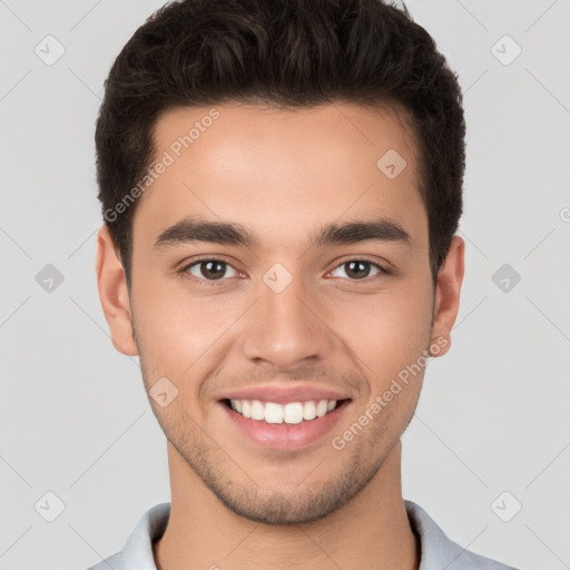 Joyful white young-adult male with short  brown hair and brown eyes