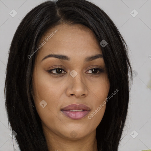 Joyful asian young-adult female with long  brown hair and brown eyes