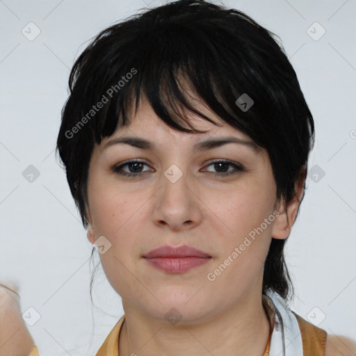 Neutral white young-adult female with medium  brown hair and brown eyes