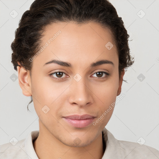 Neutral white young-adult female with short  brown hair and brown eyes