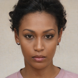 Neutral black young-adult female with short  brown hair and brown eyes