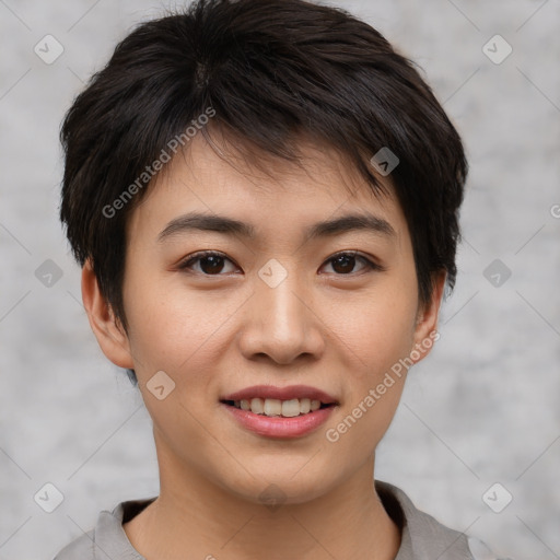 Joyful asian young-adult female with short  brown hair and brown eyes