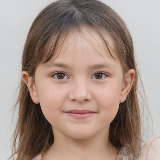 Joyful white child female with medium  brown hair and grey eyes