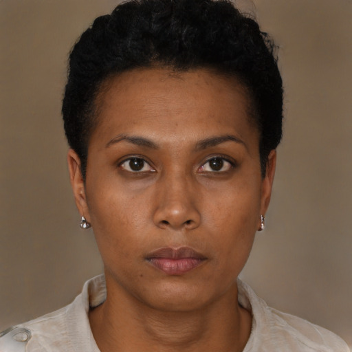 Neutral black young-adult female with short  black hair and brown eyes