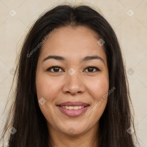 Joyful asian young-adult female with long  brown hair and brown eyes