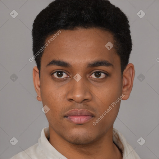 Neutral latino young-adult male with short  black hair and brown eyes