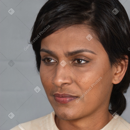 Joyful white young-adult female with medium  brown hair and brown eyes