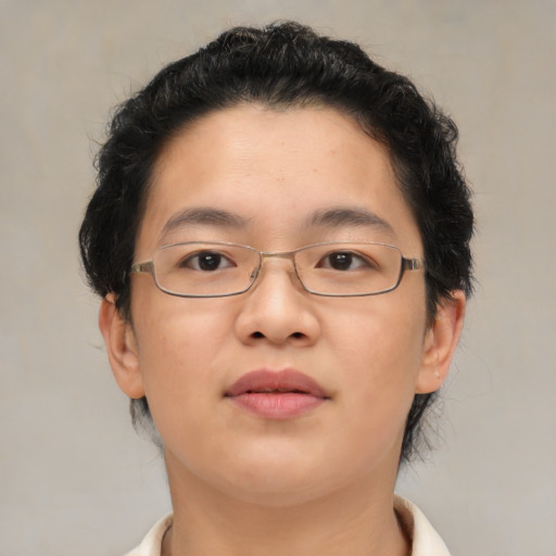 Neutral asian young-adult female with short  brown hair and brown eyes