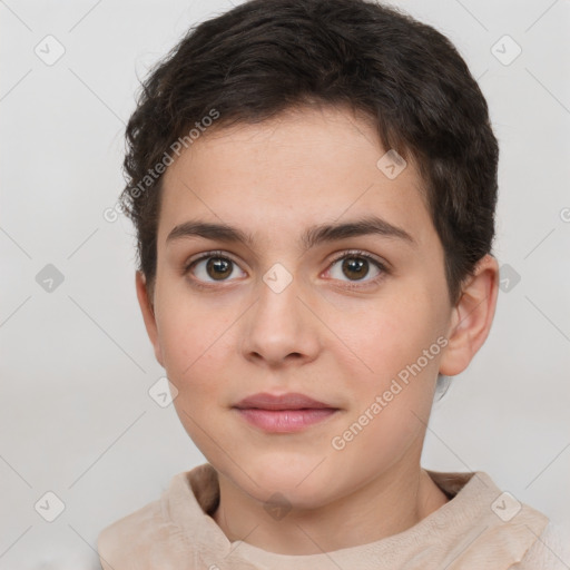 Neutral white young-adult female with short  brown hair and brown eyes