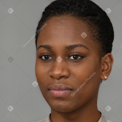 Neutral black young-adult female with short  black hair and brown eyes