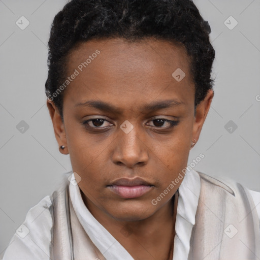 Neutral black young-adult female with short  brown hair and brown eyes