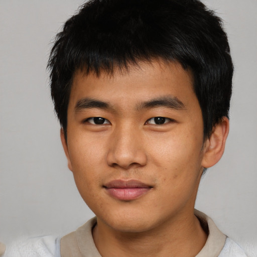 Neutral asian young-adult male with short  brown hair and brown eyes