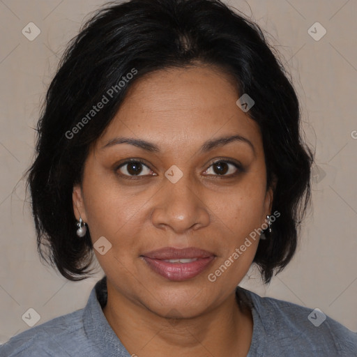 Joyful black adult female with medium  brown hair and brown eyes