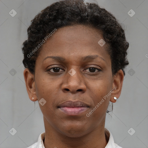 Neutral black young-adult female with short  brown hair and brown eyes