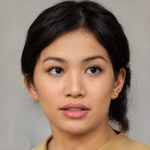 Neutral asian young-adult female with medium  black hair and brown eyes