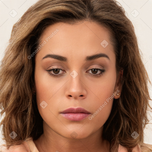 Neutral white young-adult female with long  brown hair and brown eyes