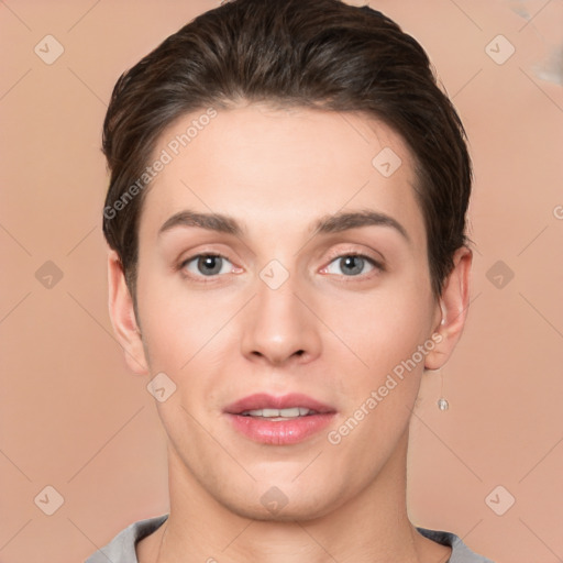 Joyful white young-adult female with short  brown hair and brown eyes