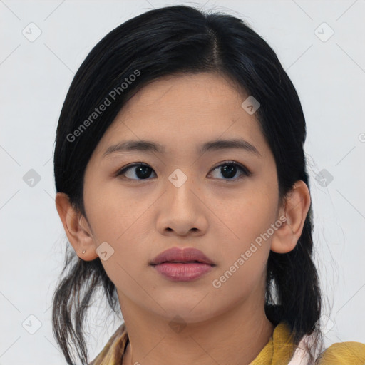 Neutral asian young-adult female with medium  black hair and brown eyes
