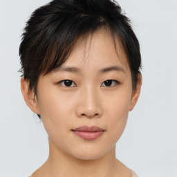 Neutral asian young-adult female with short  brown hair and brown eyes