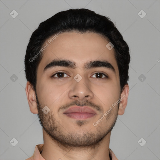 Joyful latino young-adult male with short  black hair and brown eyes