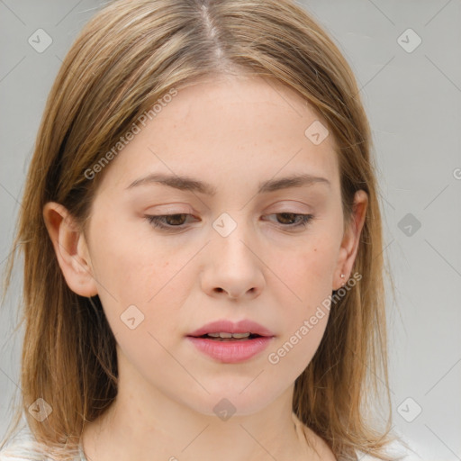 Neutral white young-adult female with medium  brown hair and brown eyes