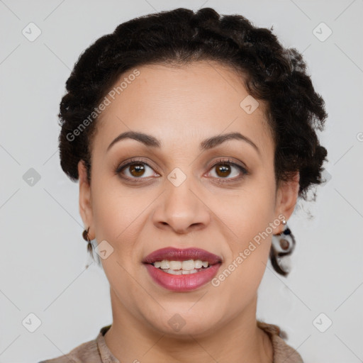 Joyful latino young-adult female with short  brown hair and brown eyes