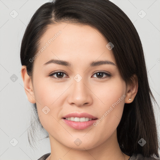 Joyful white young-adult female with long  brown hair and brown eyes