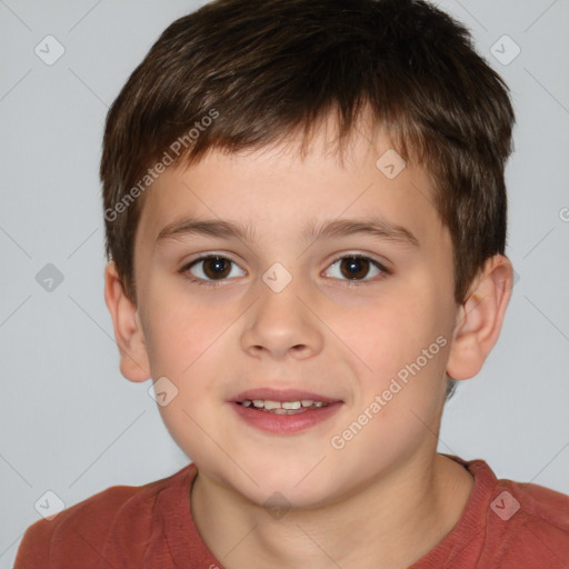 Joyful white child male with short  brown hair and brown eyes