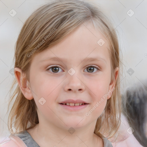 Joyful white child female with medium  brown hair and grey eyes