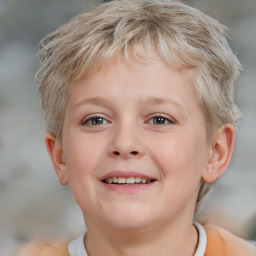 Joyful white child female with short  brown hair and brown eyes