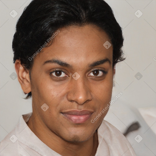 Joyful latino young-adult female with short  brown hair and brown eyes