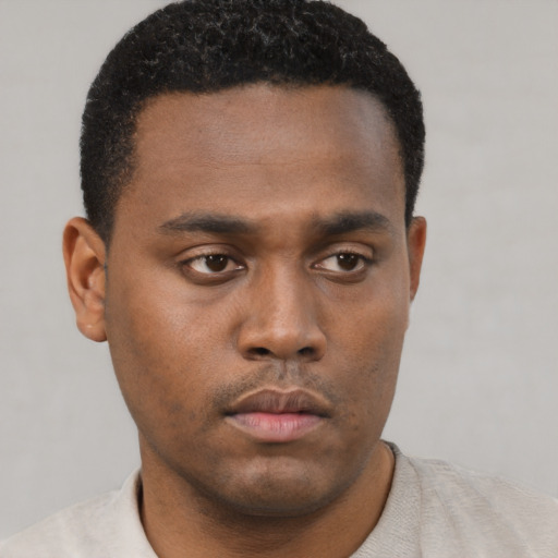 Neutral black young-adult male with short  black hair and brown eyes
