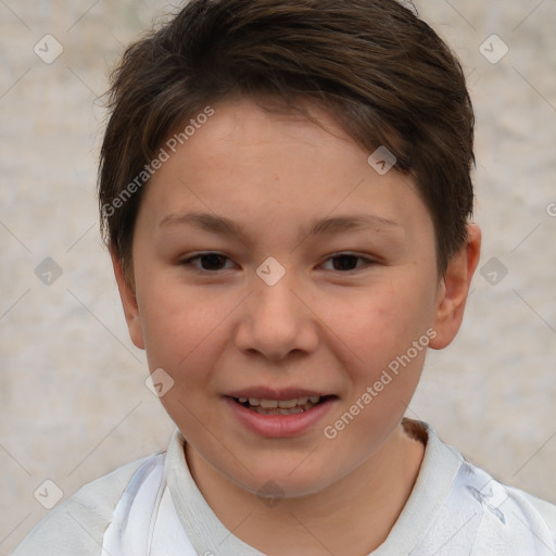 Joyful white child female with short  brown hair and brown eyes