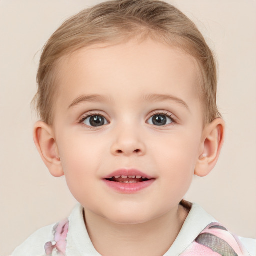 Joyful white child female with medium  brown hair and blue eyes