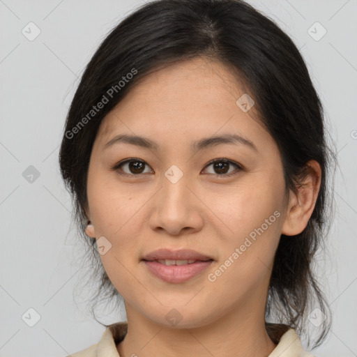 Joyful white young-adult female with medium  brown hair and brown eyes