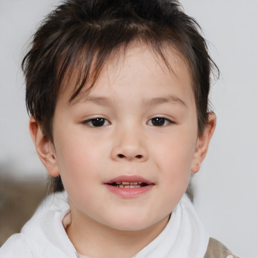 Joyful white child female with short  brown hair and brown eyes