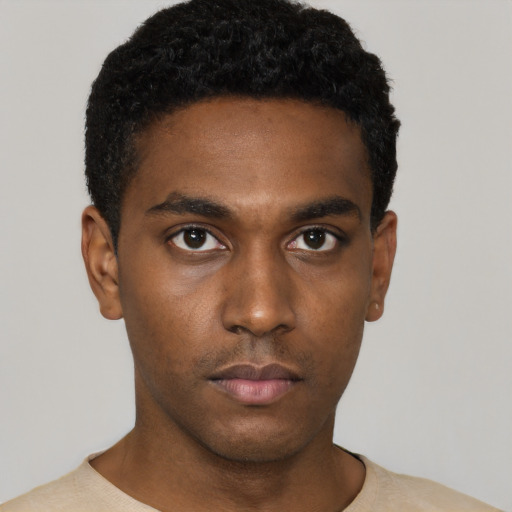 Neutral black young-adult male with short  black hair and brown eyes
