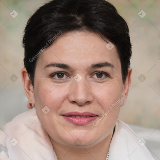 Joyful white adult female with short  brown hair and brown eyes